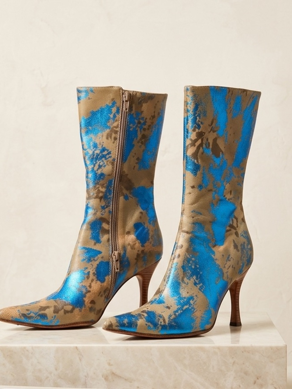 Metallic Blue and Tan Patterned Mid-Calf Heeled Boots 6